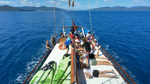 a group of people in a boat on a body of water